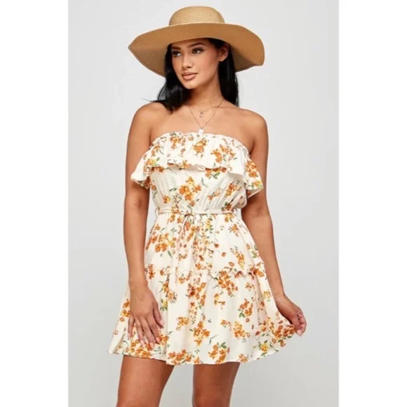 Cream Orange Floral Print Ruffle Trim Strapless Tube Casual Summer Mini Dress - Picture 4 of 6